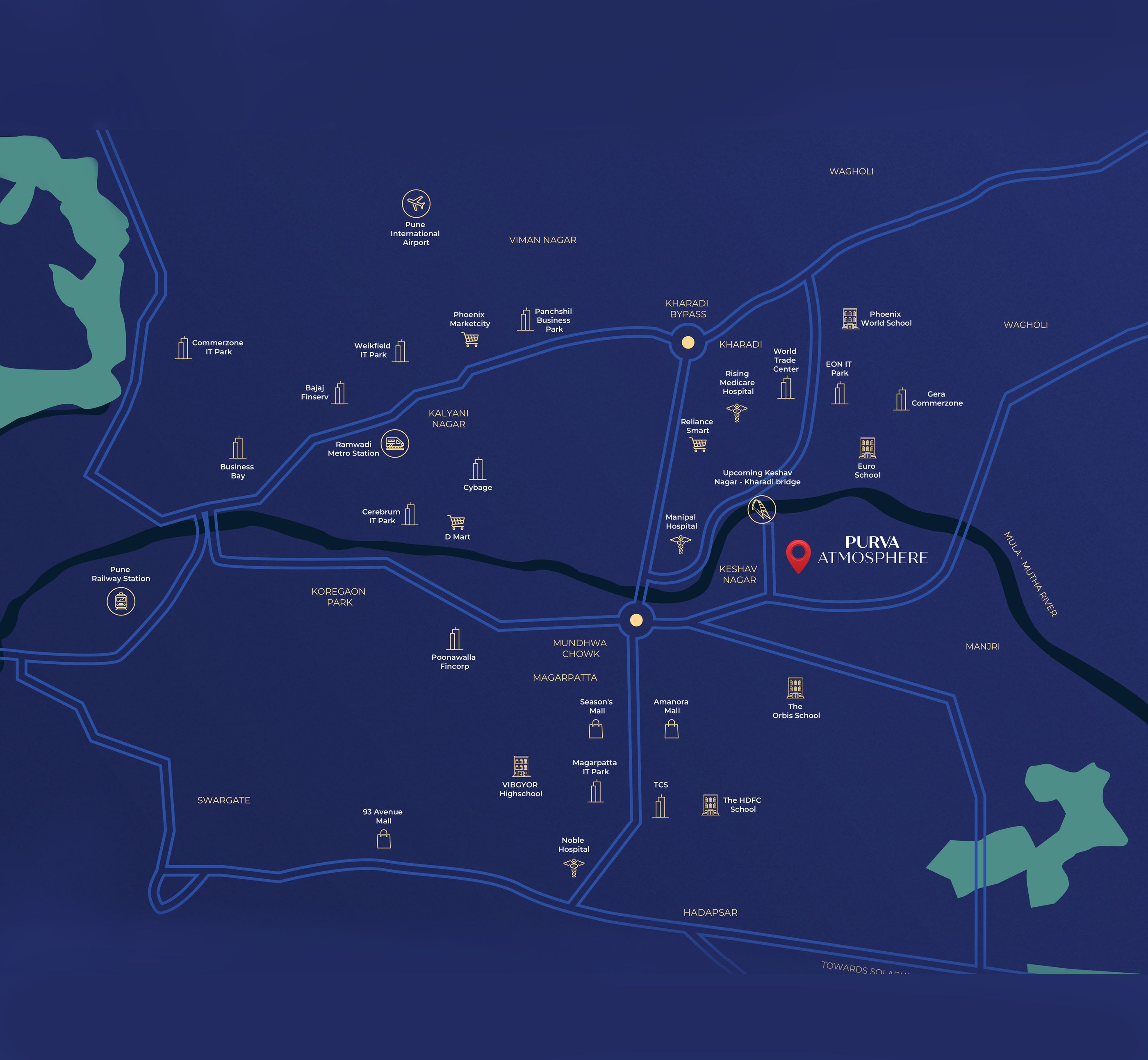 Location map of Purva Atmosphere and nearby landmarks in Keshav Nagar, Pune